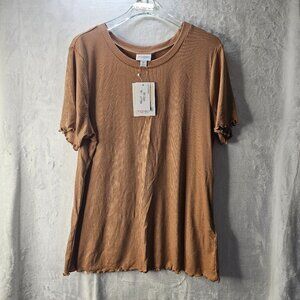 Lularoe Kelly Women Top Shirt Tan Brown Short Sleeve Ruffled Edges XL Crew Neck